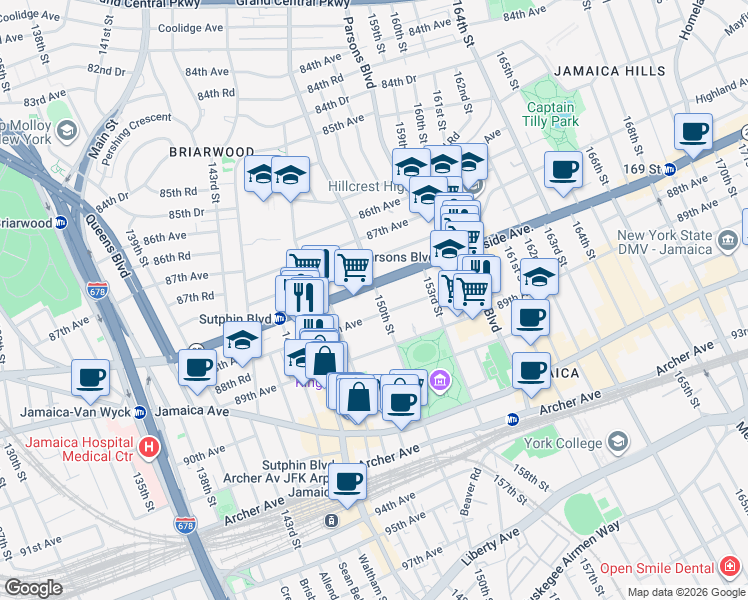 map of restaurants, bars, coffee shops, grocery stores, and more near 150-02 88th Avenue in Queens