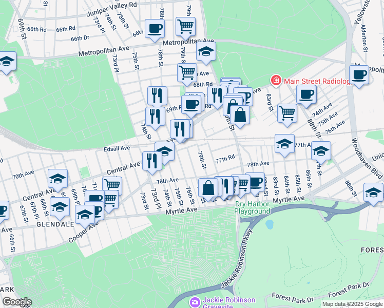map of restaurants, bars, coffee shops, grocery stores, and more near 77-47 76th Street in Queens