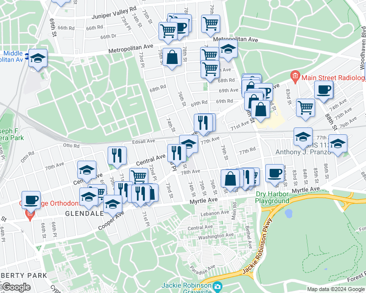 map of restaurants, bars, coffee shops, grocery stores, and more near 74-01 78th Avenue in Queens