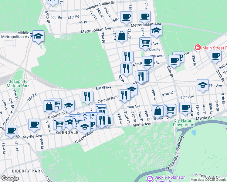 map of restaurants, bars, coffee shops, grocery stores, and more near 72-43 Central Avenue in Queens