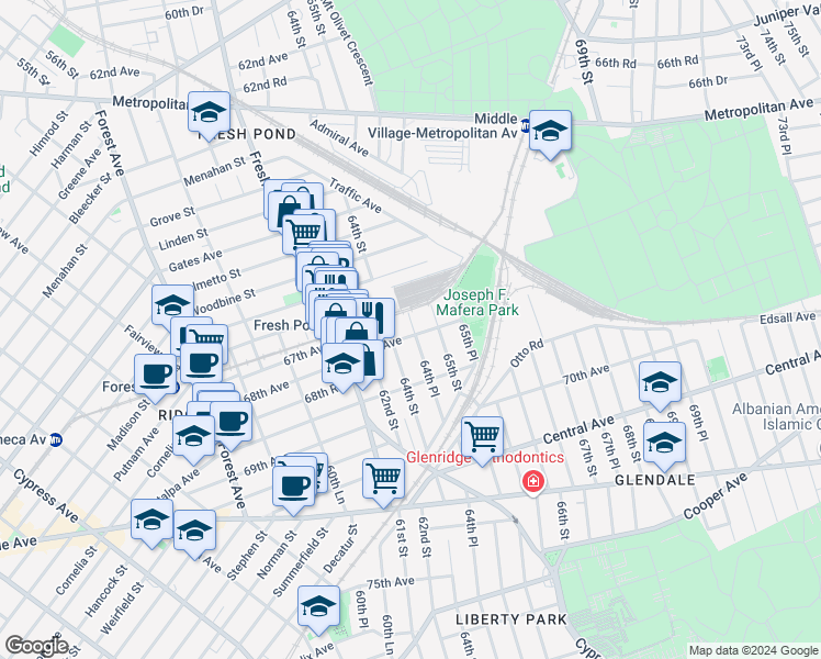 map of restaurants, bars, coffee shops, grocery stores, and more near 62-18 68th Avenue in Queens