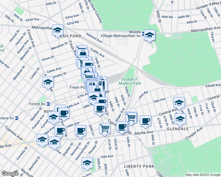 map of restaurants, bars, coffee shops, grocery stores, and more near 62-18 68th Avenue in Queens