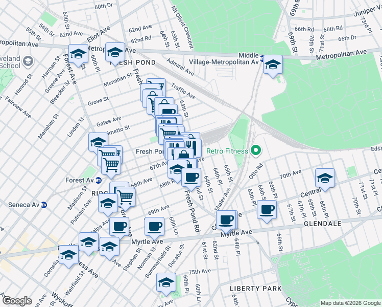 map of restaurants, bars, coffee shops, grocery stores, and more near 6715 Fresh Pond Road in Queens