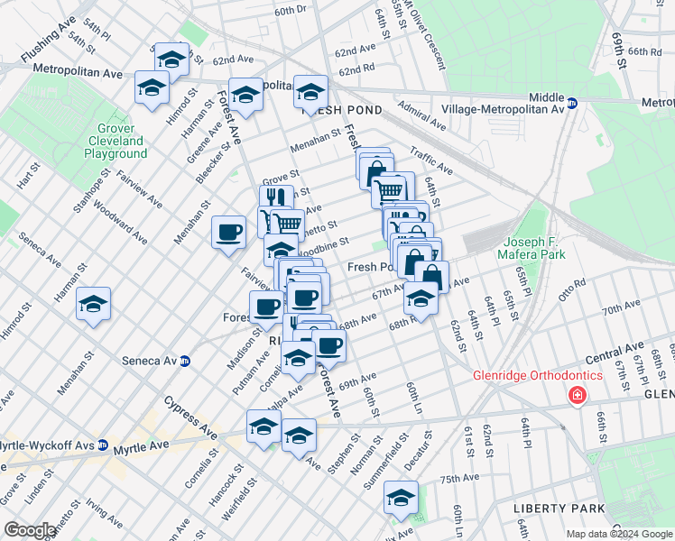 map of restaurants, bars, coffee shops, grocery stores, and more near 60-6 Putnam Avenue in Queens