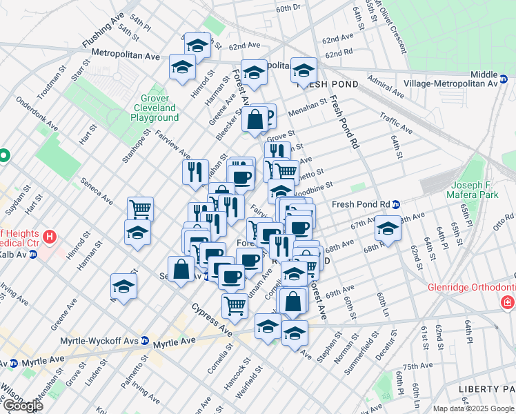 map of restaurants, bars, coffee shops, grocery stores, and more near 19-23 Palmetto Street in Queens