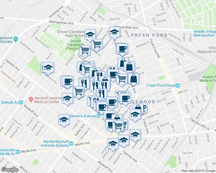 map of restaurants, bars, coffee shops, grocery stores, and more near 663 Woodward Avenue in Queens