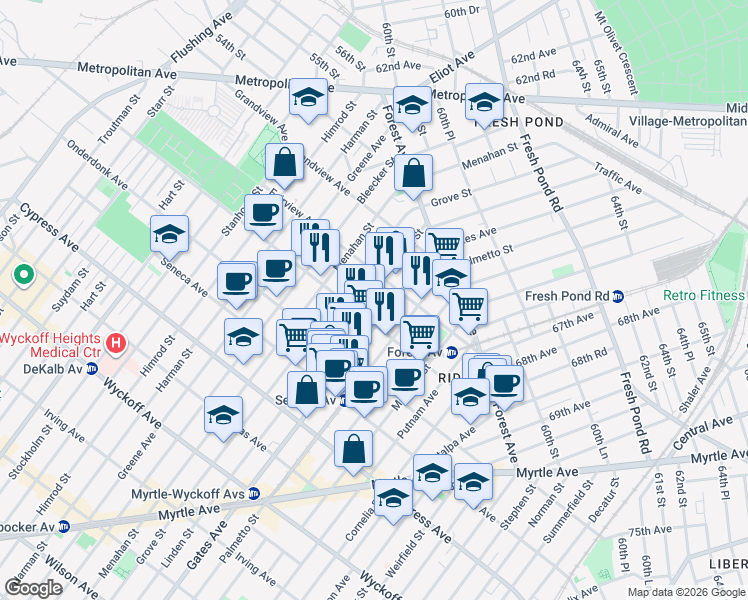 map of restaurants, bars, coffee shops, grocery stores, and more near 6-63 Woodward Avenue in Queens