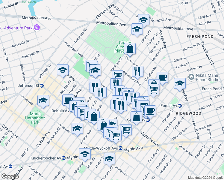 map of restaurants, bars, coffee shops, grocery stores, and more near 494 Seneca Avenue in Queens
