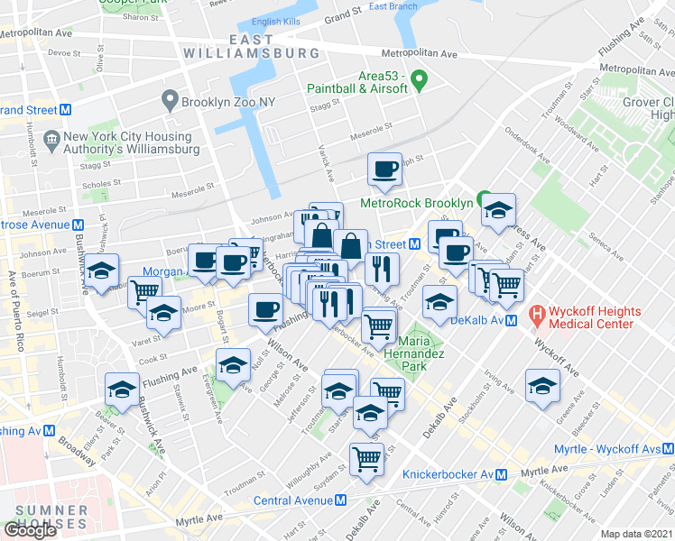 map of restaurants, bars, coffee shops, grocery stores, and more near 1119 Flushing Avenue in Brooklyn