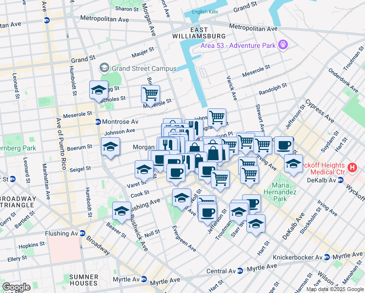 map of restaurants, bars, coffee shops, grocery stores, and more near 51 Morgan Avenue in Brooklyn