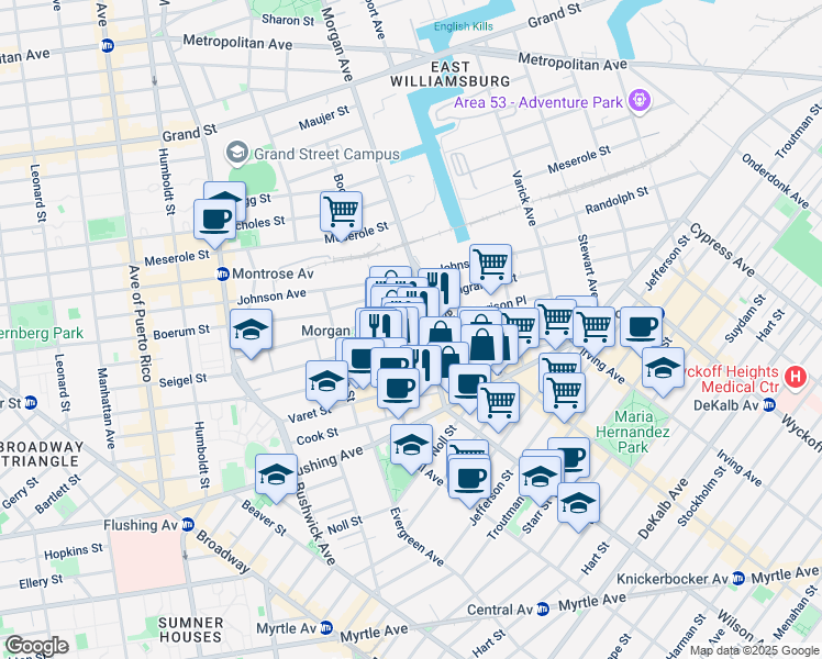 map of restaurants, bars, coffee shops, grocery stores, and more near 51 Morgan Avenue in Brooklyn