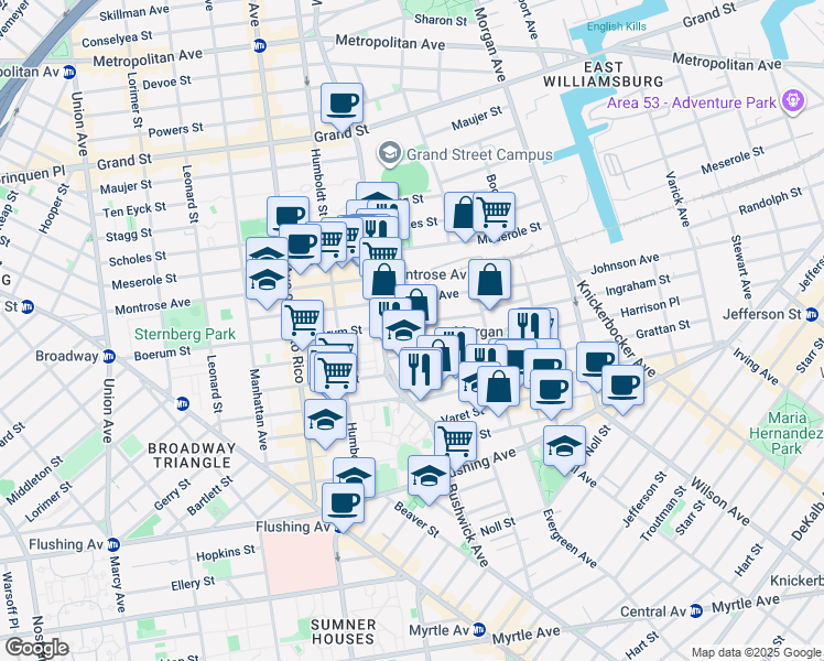 map of restaurants, bars, coffee shops, grocery stores, and more near 3 McKibbin Court in Brooklyn