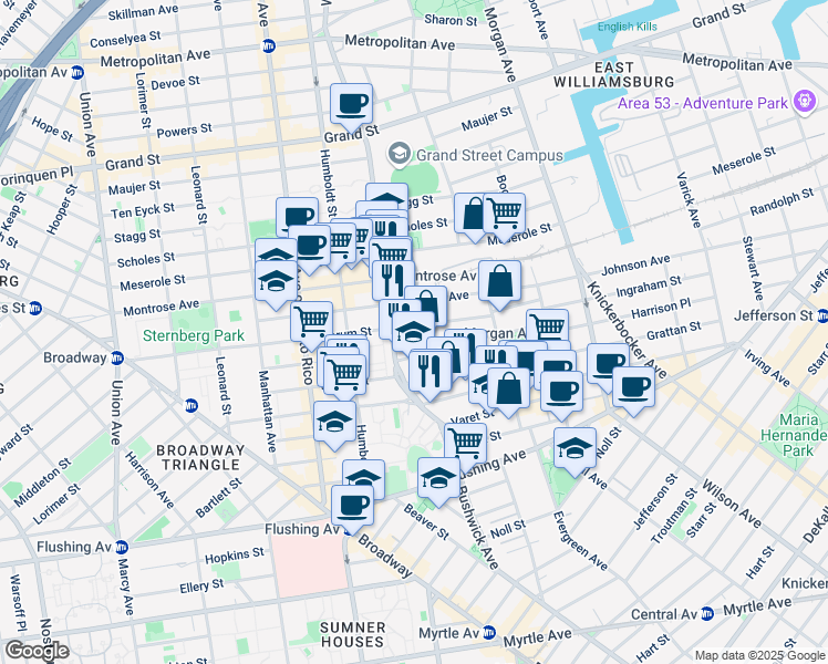 map of restaurants, bars, coffee shops, grocery stores, and more near 3 McKibbin Court in Brooklyn