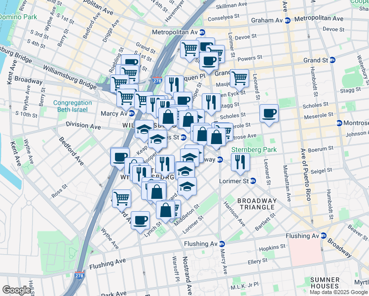 map of restaurants, bars, coffee shops, grocery stores, and more near 43 Harrison Avenue in Brooklyn