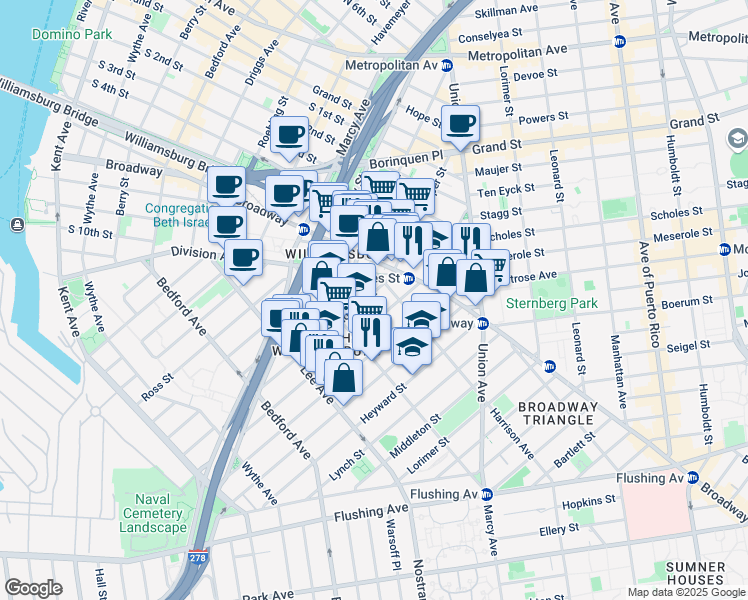 map of restaurants, bars, coffee shops, grocery stores, and more near 268 Hewes Street in Brooklyn