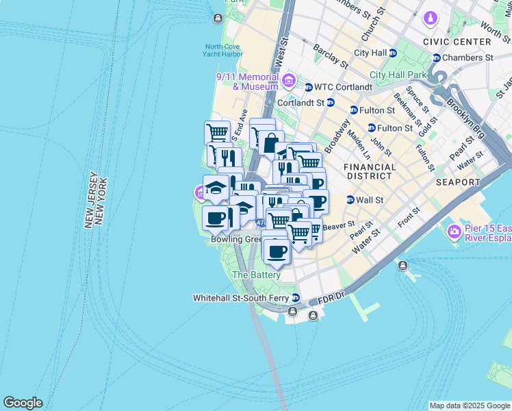 map of restaurants, bars, coffee shops, grocery stores, and more near 17 Battery Place in New York