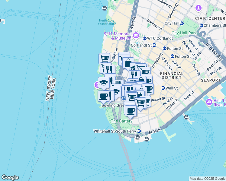 map of restaurants, bars, coffee shops, grocery stores, and more near 17 Battery Place in New York