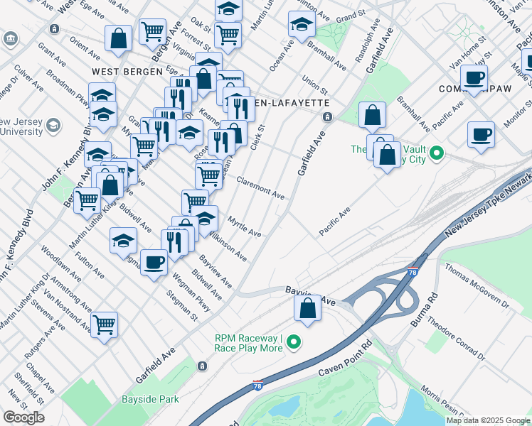 map of restaurants, bars, coffee shops, grocery stores, and more near 753 Garfield Avenue in Jersey City