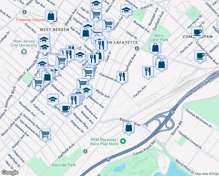 map of restaurants, bars, coffee shops, grocery stores, and more near 753 Garfield Avenue in Jersey City
