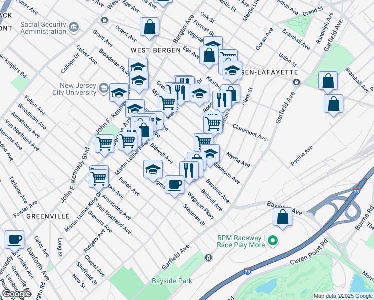 map of restaurants, bars, coffee shops, grocery stores, and more near 114A Bayview Avenue in Jersey City