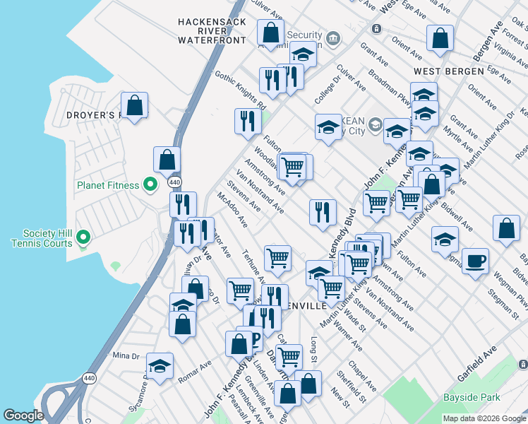 map of restaurants, bars, coffee shops, grocery stores, and more near 86 Sterling Avenue in Jersey City