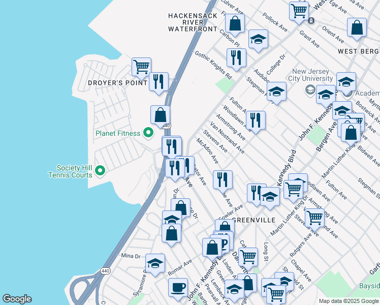 map of restaurants, bars, coffee shops, grocery stores, and more near 1 West Side Avenue in Jersey City