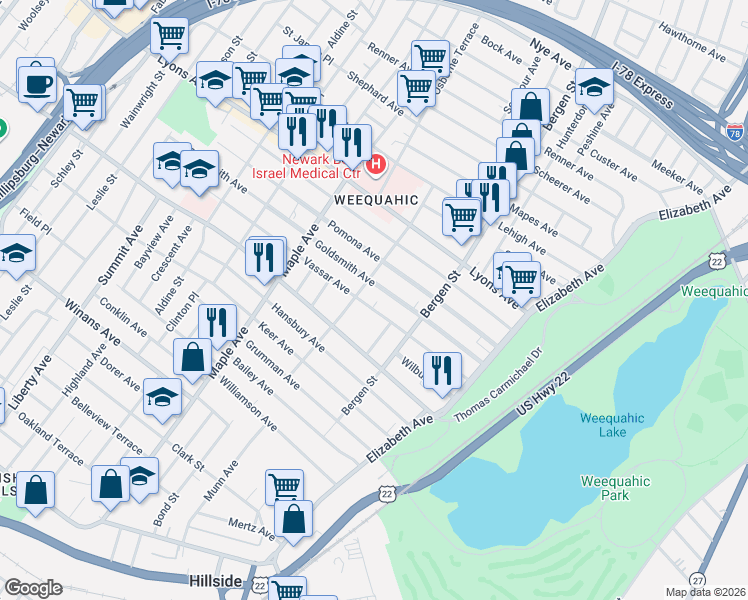map of restaurants, bars, coffee shops, grocery stores, and more near 96-98 Vassar Avenue in Newark