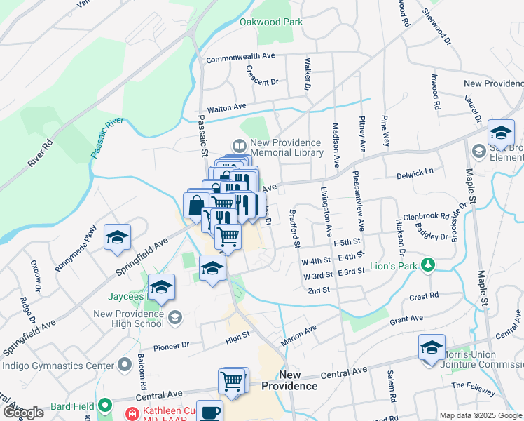 map of restaurants, bars, coffee shops, grocery stores, and more near 44 Gales Drive in New Providence