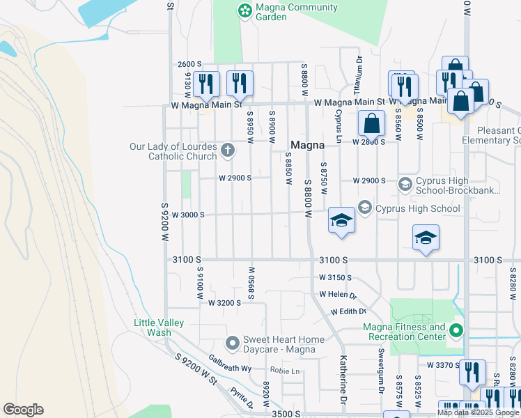 map of restaurants, bars, coffee shops, grocery stores, and more near 3022 South 8900 West in Magna