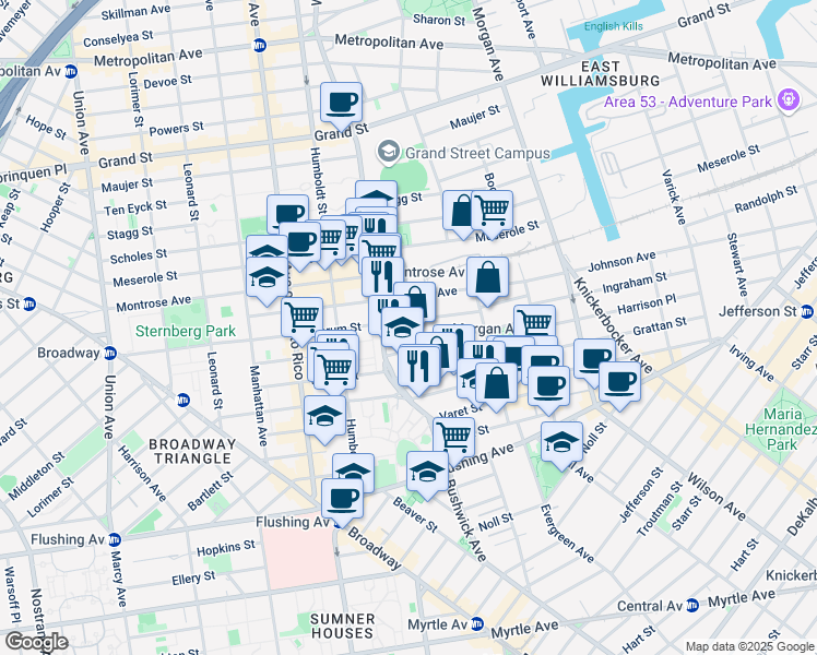 map of restaurants, bars, coffee shops, grocery stores, and more near 3 McKibbin Court in Brooklyn