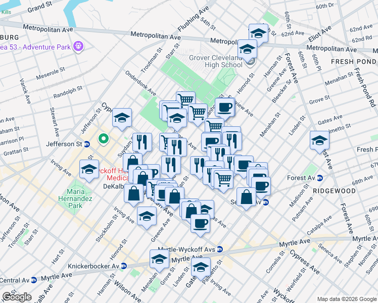 map of restaurants, bars, coffee shops, grocery stores, and more near 17-29 Himrod Street in Queens