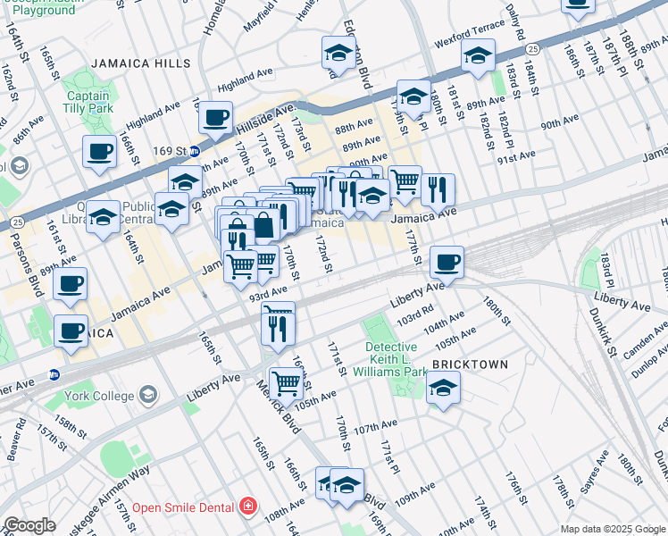 map of restaurants, bars, coffee shops, grocery stores, and more near 92-57 172nd Street in Queens