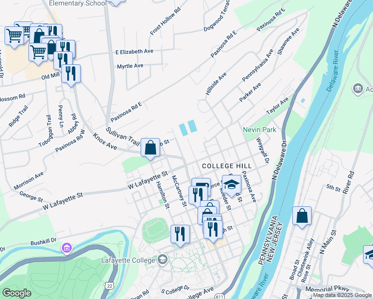 map of restaurants, bars, coffee shops, grocery stores, and more near 839 Cattell Street in Easton