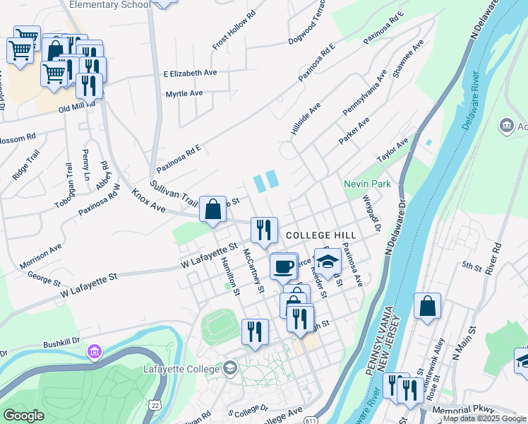 map of restaurants, bars, coffee shops, grocery stores, and more near 839 Cattell Street in Easton