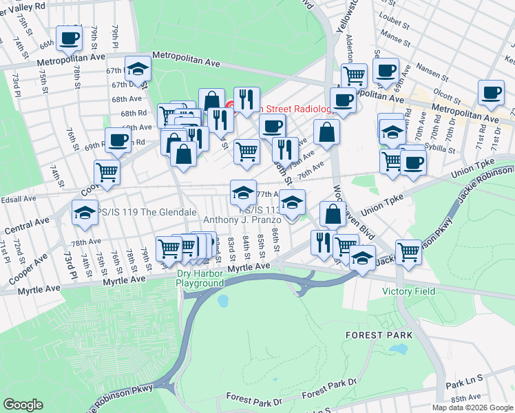 map of restaurants, bars, coffee shops, grocery stores, and more near 78-06 85th Street in Queens