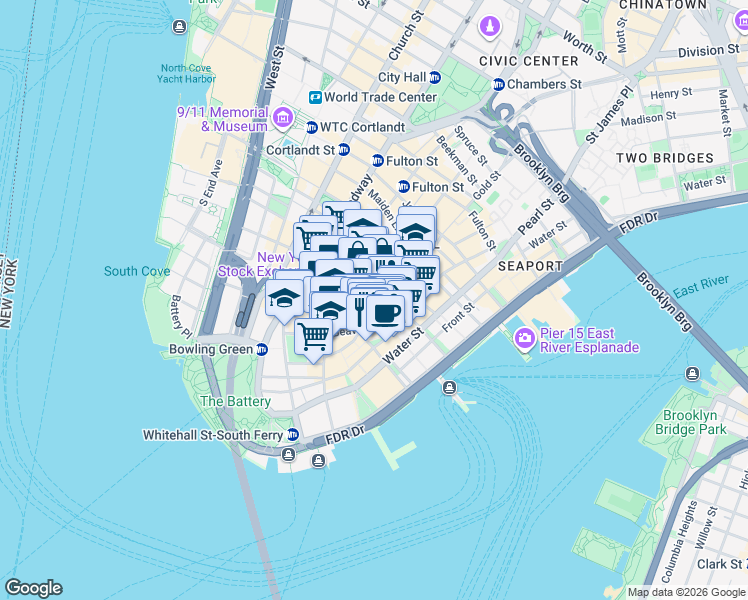 map of restaurants, bars, coffee shops, grocery stores, and more near 55 Wall Street in New York