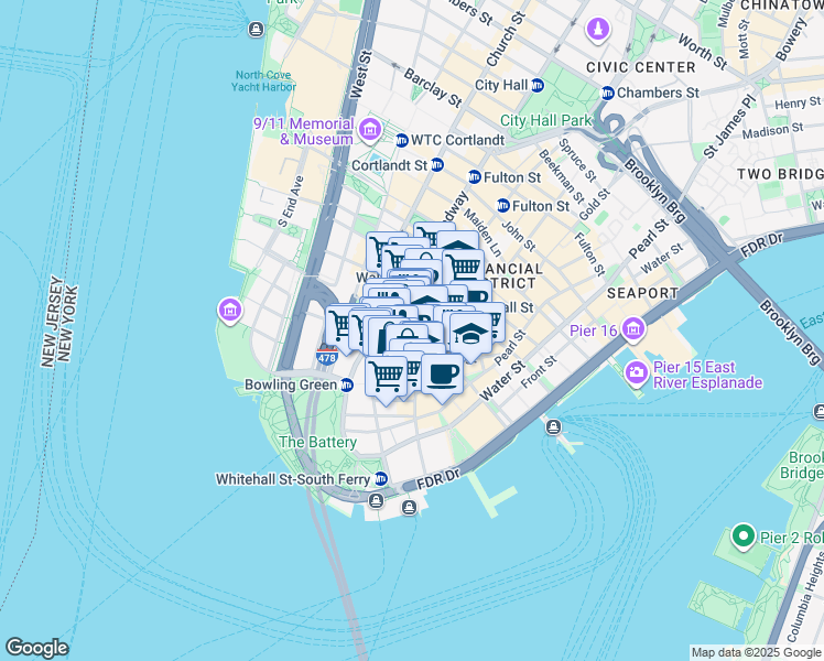 map of restaurants, bars, coffee shops, grocery stores, and more near 60 Broad Street in New York