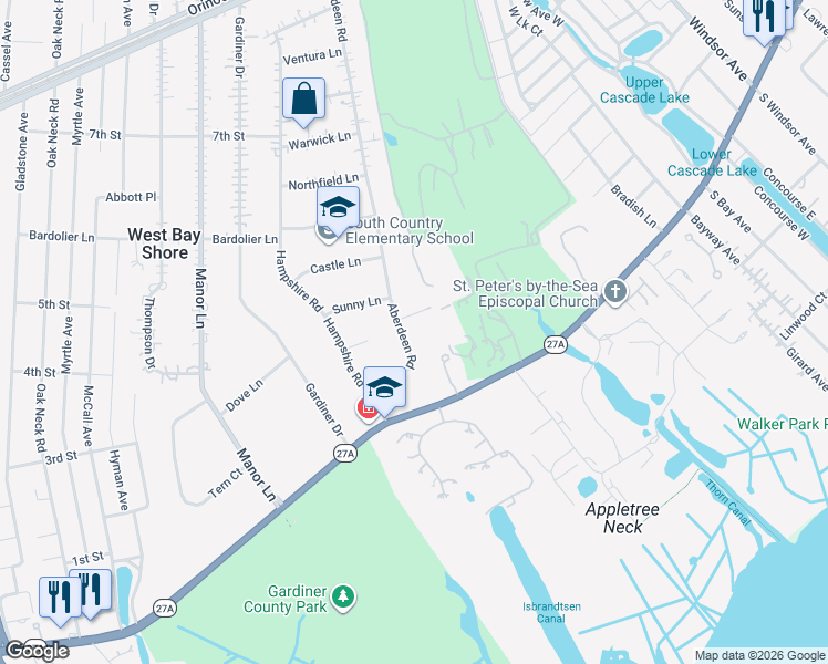map of restaurants, bars, coffee shops, grocery stores, and more near 822 Aberdeen Road in Bay Shore