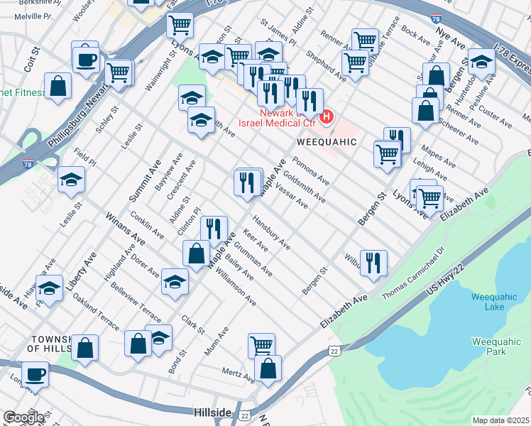 map of restaurants, bars, coffee shops, grocery stores, and more near 166 Chancellor Avenue in Newark