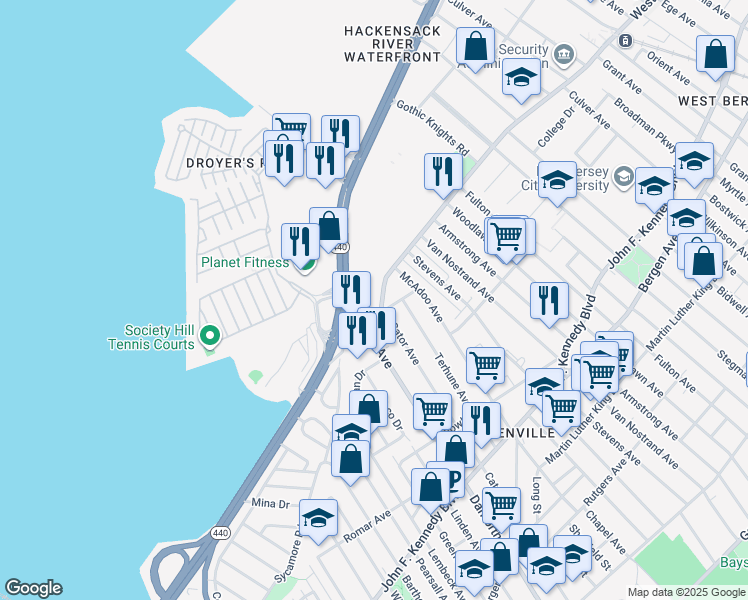 map of restaurants, bars, coffee shops, grocery stores, and more near 36-56 West Side Avenue in Jersey City