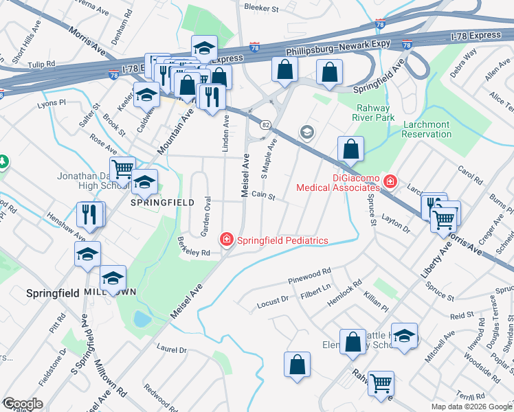 map of restaurants, bars, coffee shops, grocery stores, and more near 125 South Maple Avenue in Springfield
