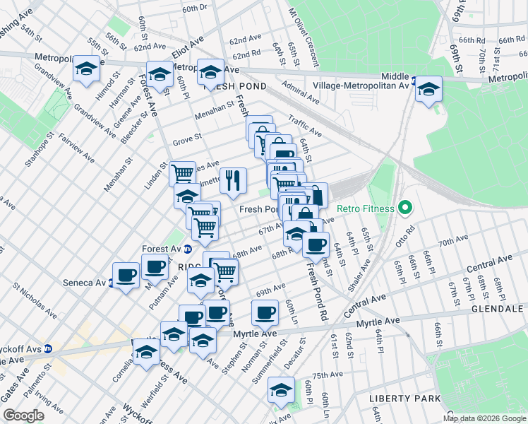 map of restaurants, bars, coffee shops, grocery stores, and more near 66-16 60th Lane in Queens