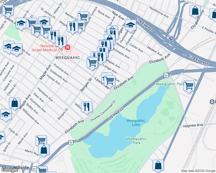 map of restaurants, bars, coffee shops, grocery stores, and more near 643-649 Elizabeth Avenue in Newark