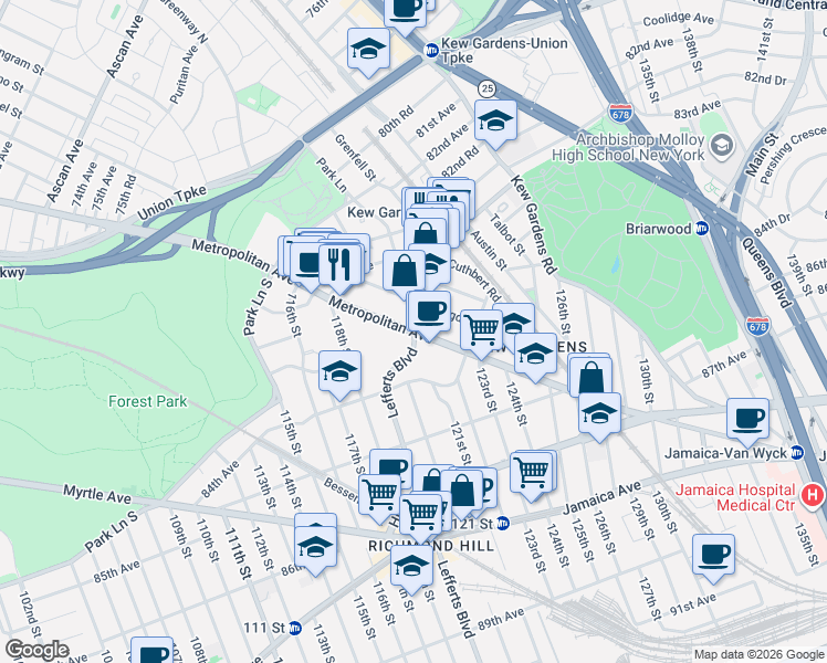 map of restaurants, bars, coffee shops, grocery stores, and more near 83-55 Lefferts Boulevard in Queens
