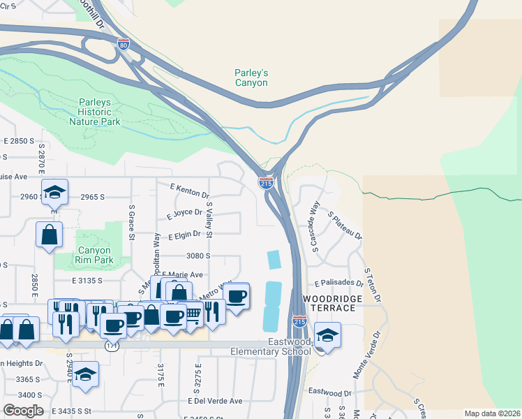 map of restaurants, bars, coffee shops, grocery stores, and more near 2989 3435 East in Salt Lake City