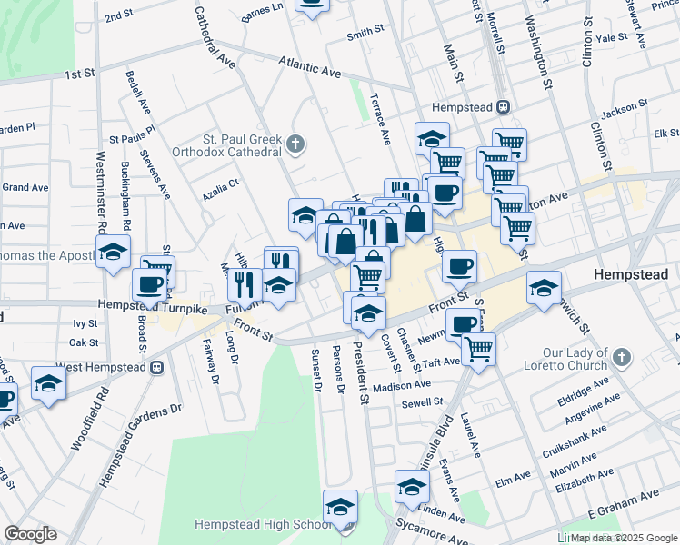 map of restaurants, bars, coffee shops, grocery stores, and more near 51 Bell Street in Hempstead