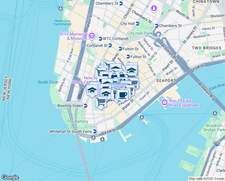 map of restaurants, bars, coffee shops, grocery stores, and more near 5 Hanover Square in New York