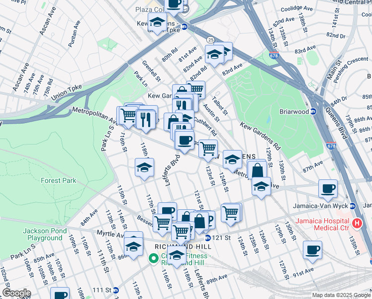 map of restaurants, bars, coffee shops, grocery stores, and more near 119-21 Metropolitan Avenue in Queens