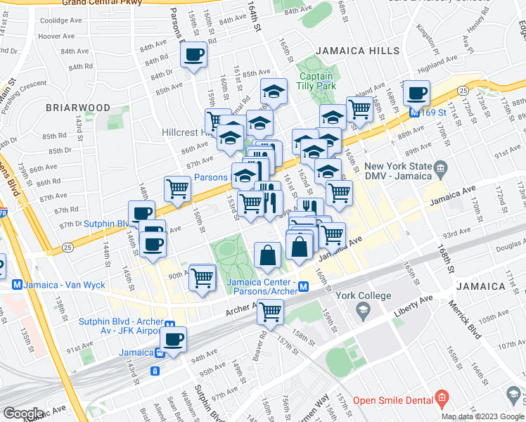 map of restaurants, bars, coffee shops, grocery stores, and more near 88-20 Parsons Boulevard in Queens