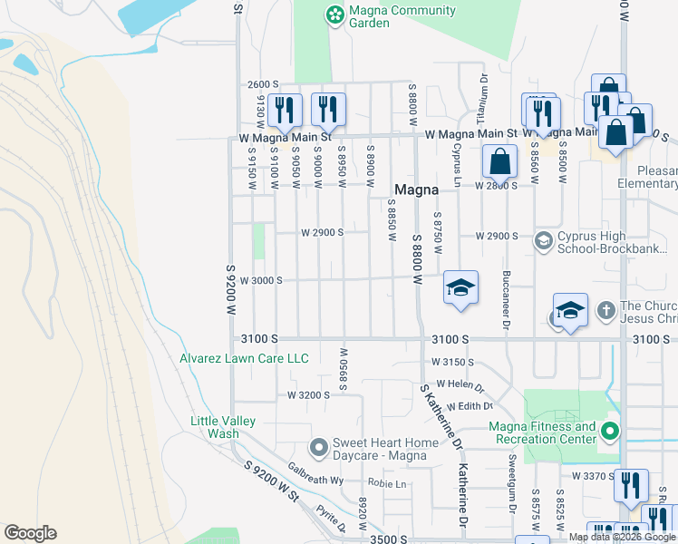 map of restaurants, bars, coffee shops, grocery stores, and more near 2988 South 8950 West in Magna
